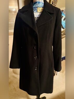 Anne Klein Black Single-Breasted Wool Trench Coat